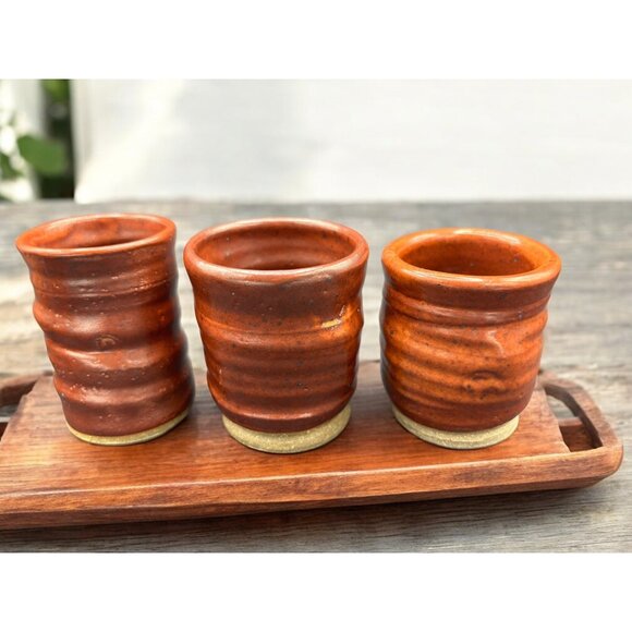 Vintage Studio Art Pottery Sake / teacup stoneware 6 cups + tray Hand Thrown - Picture 5 of 11